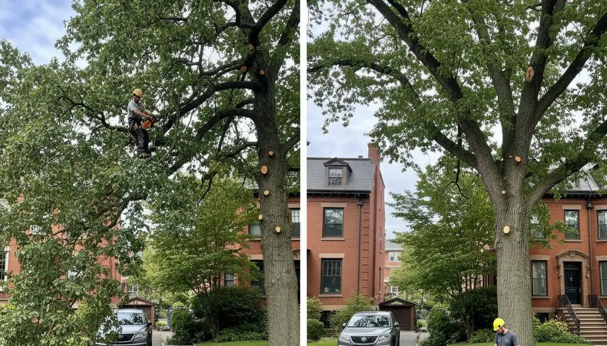 Arborist raising tree canopy for driveway clearance during expert tree trimming in Boston, MA