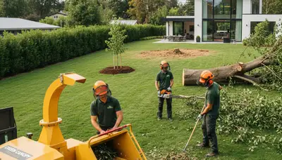 Professional landscaping and tree removal team working on a Boston, MA residential yard