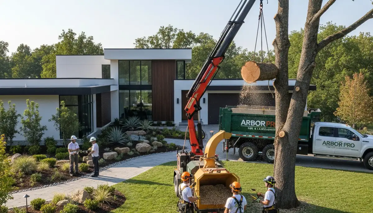 Professional landscaping and tree removal team working in a Boston, MA residential yard