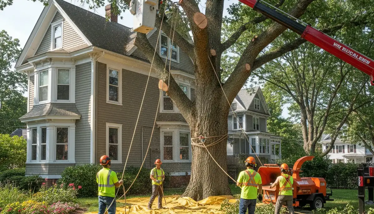 Arborists using bucket truck for large tree removal at Roxbury home in Boston MA ensuring safe property care