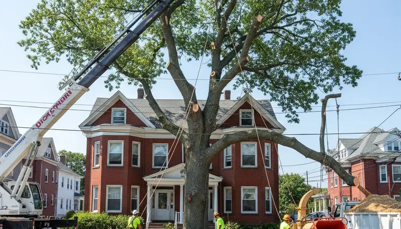 Arborists using bucket truck for large tree removal in Somerville, MA near Boston homes