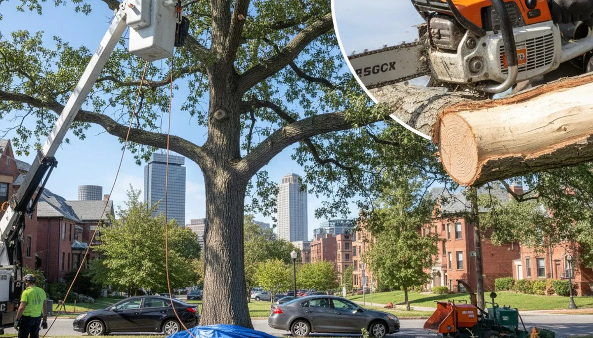 Arborist removing deadwood from mature tree using safety gear and tools in Boston, MA