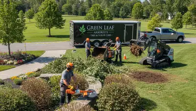 Crew performing professional shrub removal at a Boston MA home yard by Chop Chop Tree