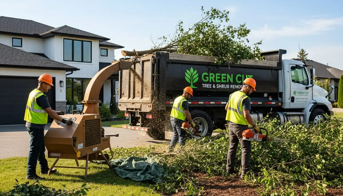 Crew performing professional shrub removal at a Boston, MA home yard for Chop Chop Tree service