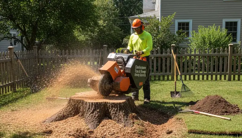 Stump grinding service removing tree stumps in Charlestown, Boston MA for lawn restoration and landscaping