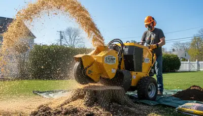 Professional stump grinding service removing tree stumps in Roxbury, Boston, MA yard