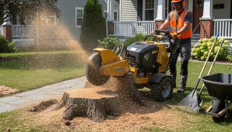 Professional stump grinding service removing tree stumps in Somerville, MA for lawn restoration
