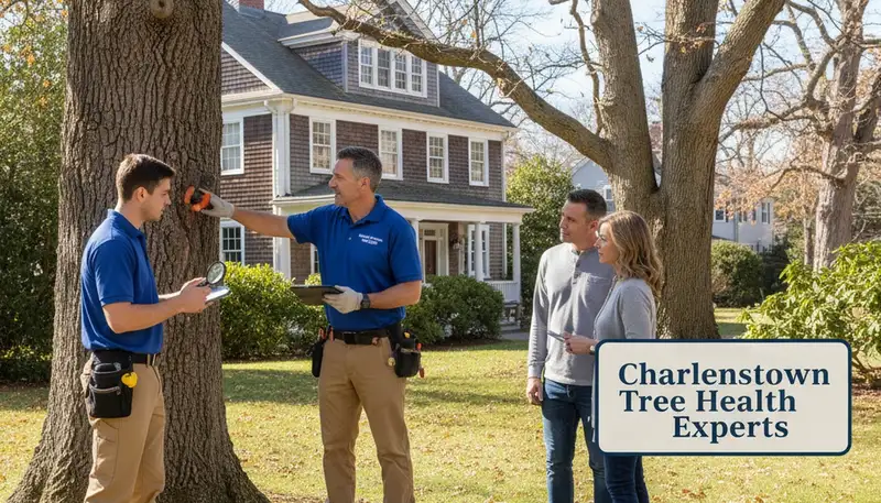 Certified arborist performing tree health assessment for homeowners in Charlestown, Boston, MA