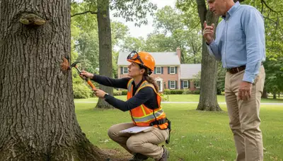 Certified arborist performing tree health assessment for homeowners in Roxbury, Boston, MA
