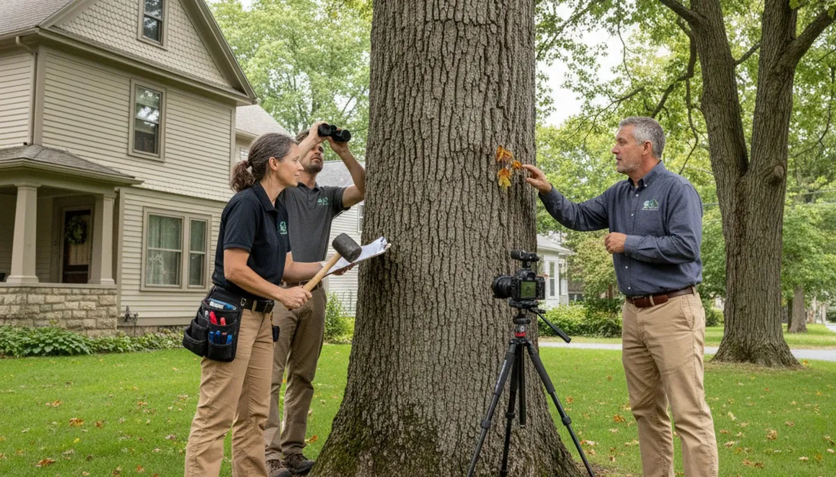 Certified arborist performing tree health assessment for homeowners in Somerville, MA