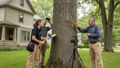 Certified arborist performing tree health assessment for homeowners in Somerville, MA