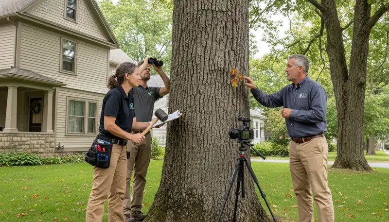 Certified arborist performing tree health assessment for homeowners in Somerville, MA