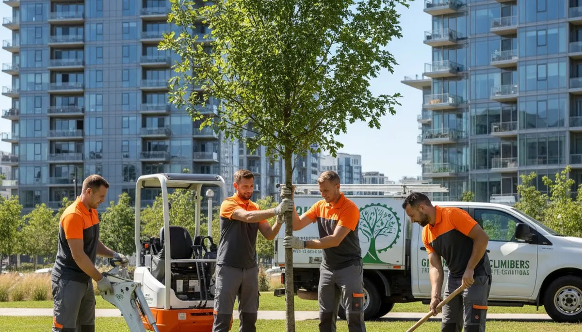 Arborists planting new trees in Boston MA backyard for Chop Chop Tree landscaping service