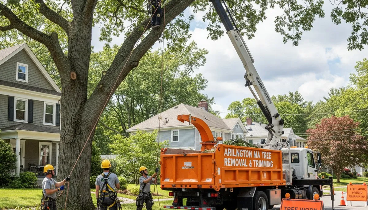 Professional tree removal service crew working in Boston MA yard