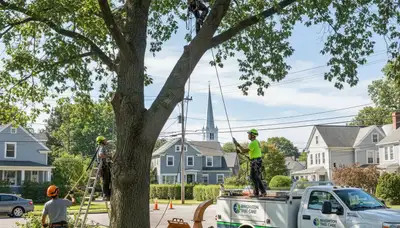 Professional tree removal experts working in Boston, MA yard