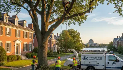 Professional tree removal service in Boston MA safely cutting and clearing large oak trees