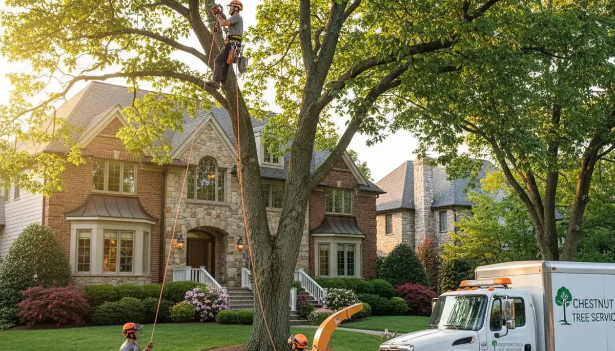 Professional tree removal service crew working safely in Boston MA residential neighborhood