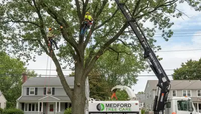 Professional tree removal service crew working safely in Boston, MA residential neighborhood