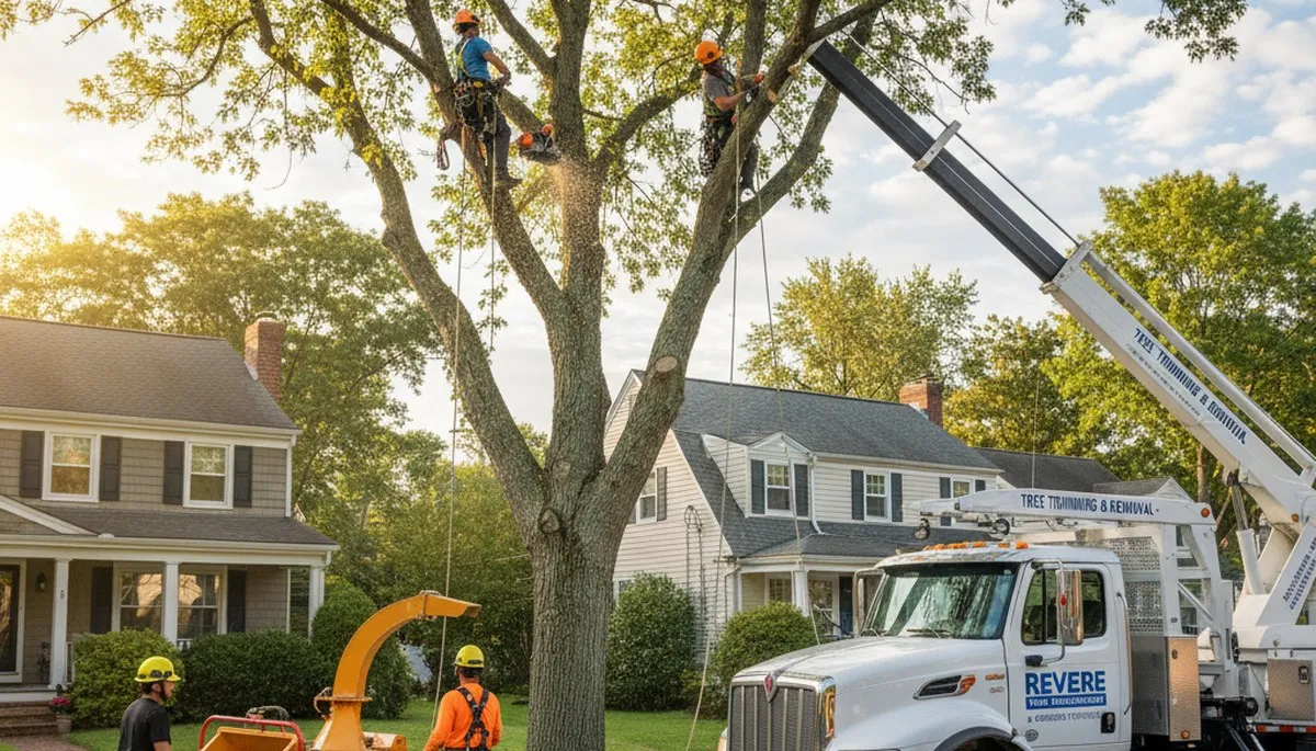 Professional tree removal service in Boston MA safely cutting and clearing large trees